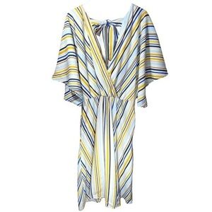 Eloquii Striped V-Neck Bell Sleeve Midi Dress in Blue/Yellow/White